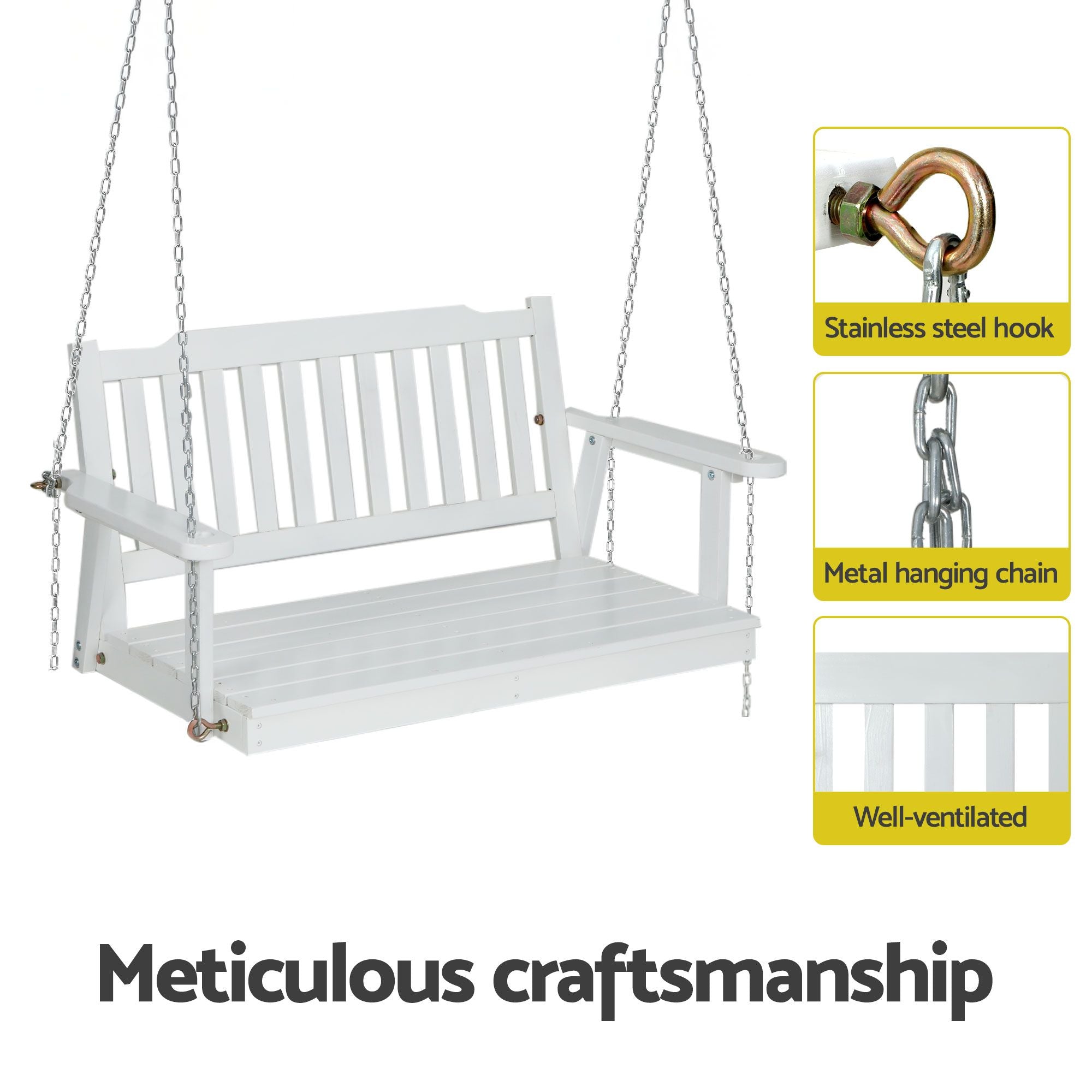 Gardeon 2-Seater Wooden Outdoor Swing Chair with Stand – White – view 5