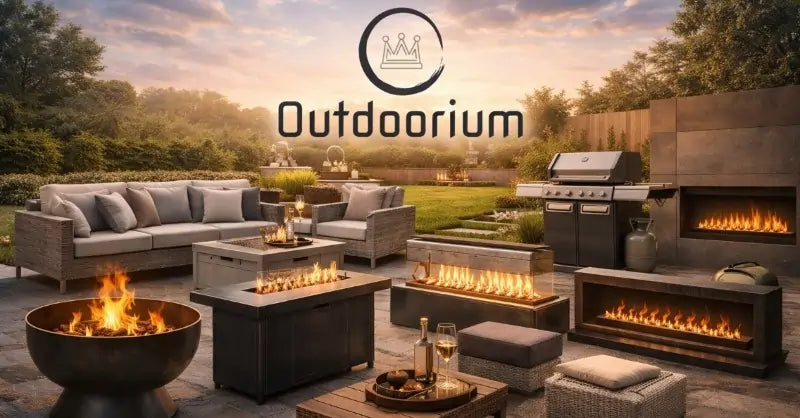 Outdoor patio setup with fire pit, seating area, and grill, featuring the brand 'Outdoorium'.