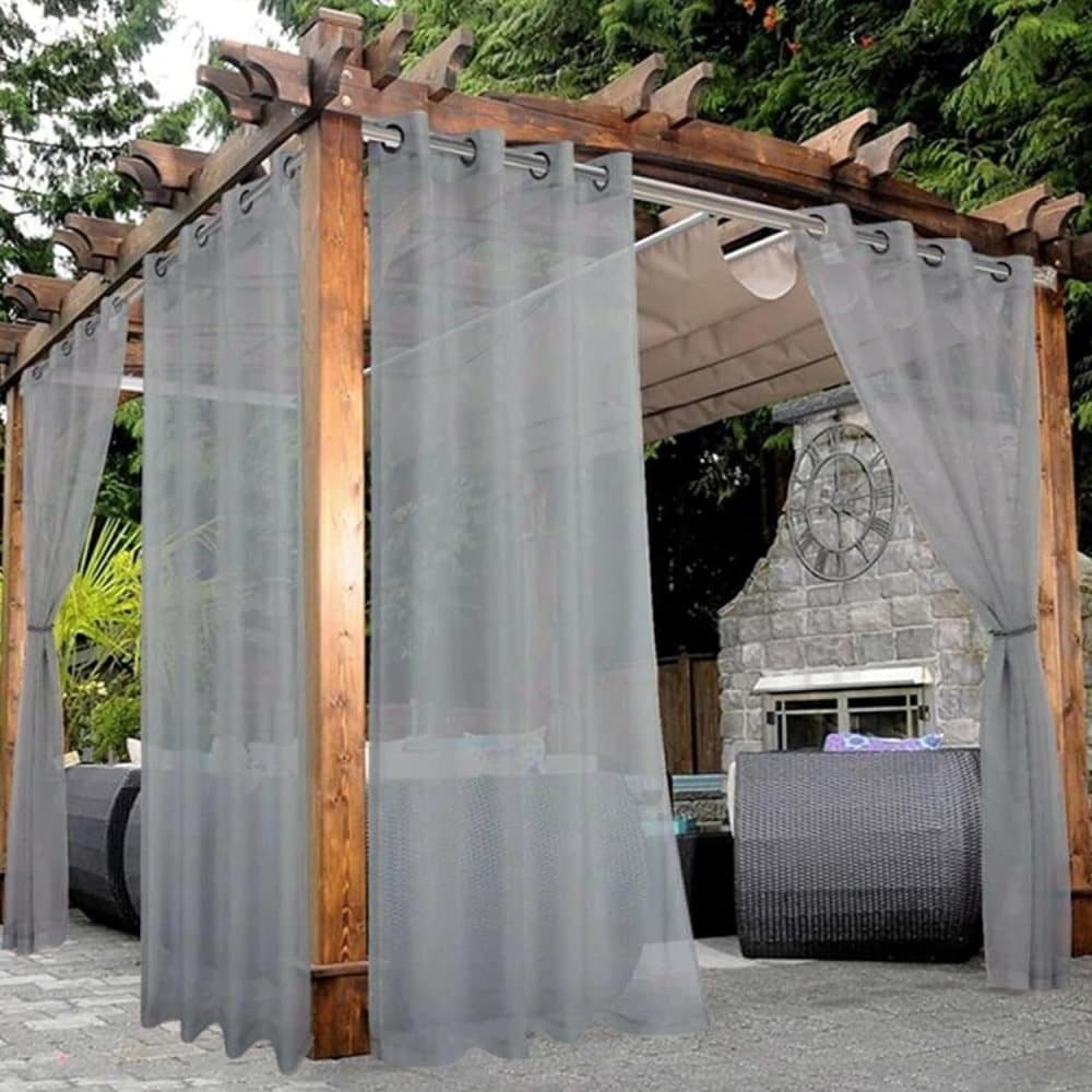 1 Pair Water Resistant Sheer Eyelet Curtains for Outdoor, 132 cm x 213 cm, Gray