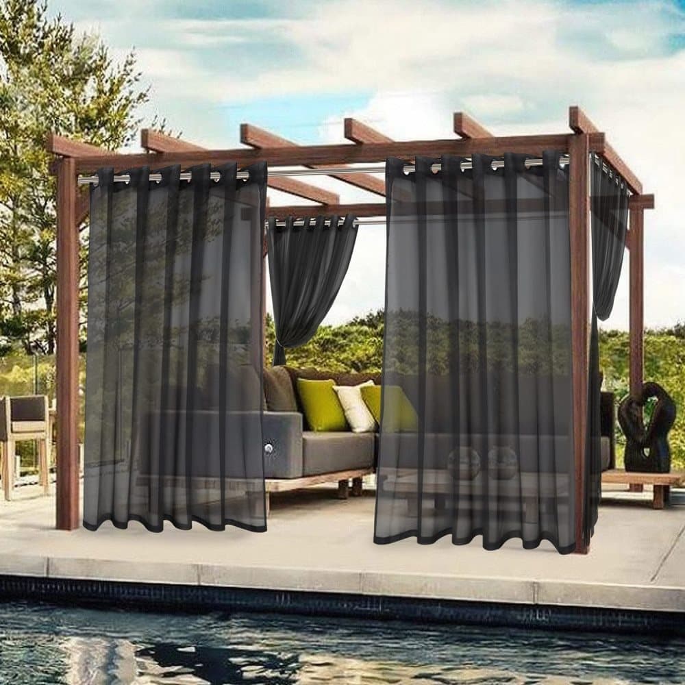 Black Water Resistant Sheer Eyelet Curtains for Outdoor, 132 cm x 274 cm