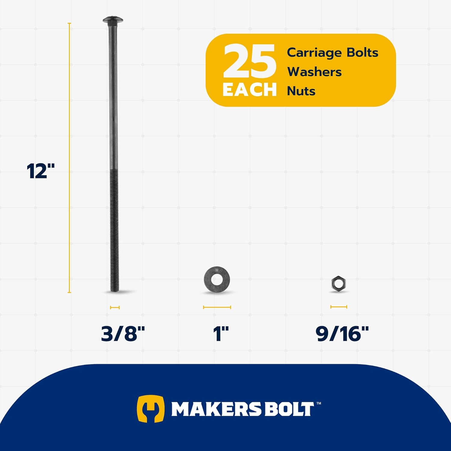 3/8" x 12" (25 Pack) Black Carriage Bolt Kit, Grade 307A, Ceramic Coated for Exterior Use, 2X Rust Resistance of Galvanized by Makers Bolt