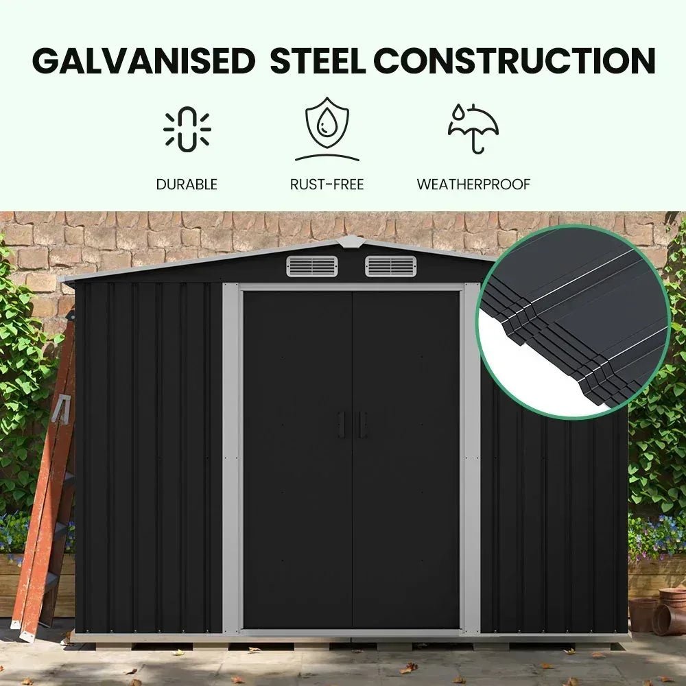 PLANTCRAFT Galvanised Steel Garden Shed 2.58 x 2.07 x 2.02m, with 2 Sliding Doors, 4 Air Vents, Gable Roof, Floor Frame, Black | Home & Garden > Storage > Sheds