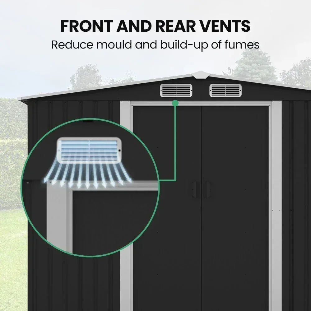 PLANTCRAFT Galvanised Steel Garden Shed 2.58 x 2.07 x 2.02m, with 2 Sliding Doors, 4 Air Vents, Gable Roof, Floor Frame, Black | Home & Garden > Storage > Sheds
