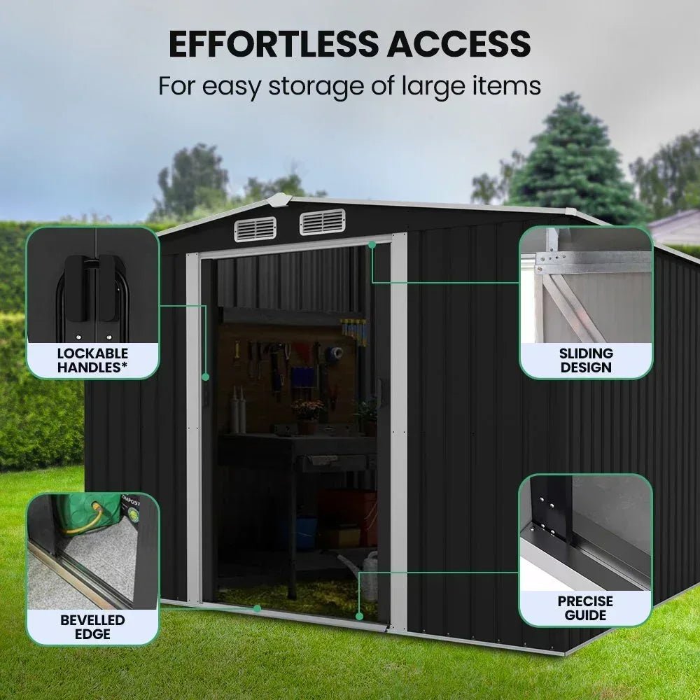 PLANTCRAFT Galvanised Steel Garden Shed 2.58 x 2.07 x 2.02m, with 2 Sliding Doors, 4 Air Vents, Gable Roof, Floor Frame, Black | Home & Garden > Storage > Sheds