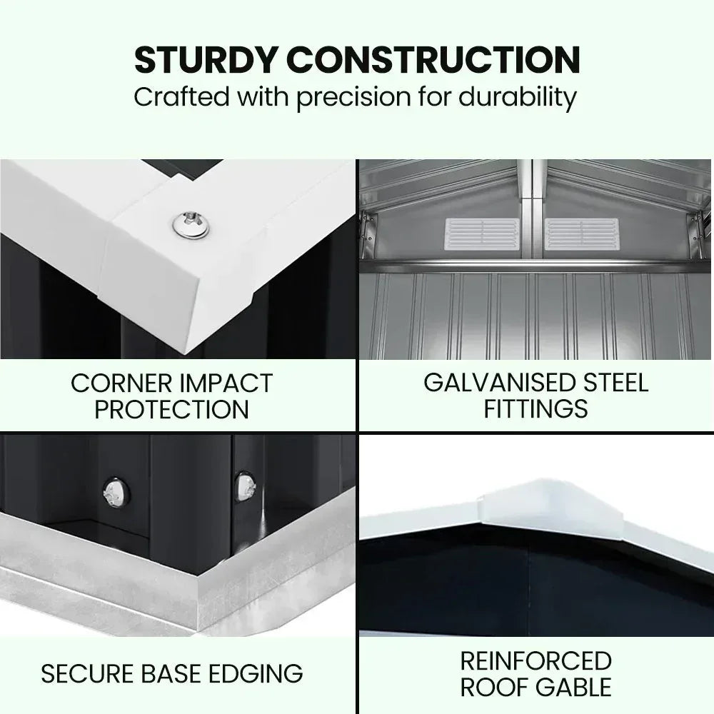 PLANTCRAFT Galvanised Steel Garden Shed 2.58 x 2.07 x 2.02m, with 2 Sliding Doors, 4 Air Vents, Gable Roof, Floor Frame, Black | Home & Garden > Storage > Sheds