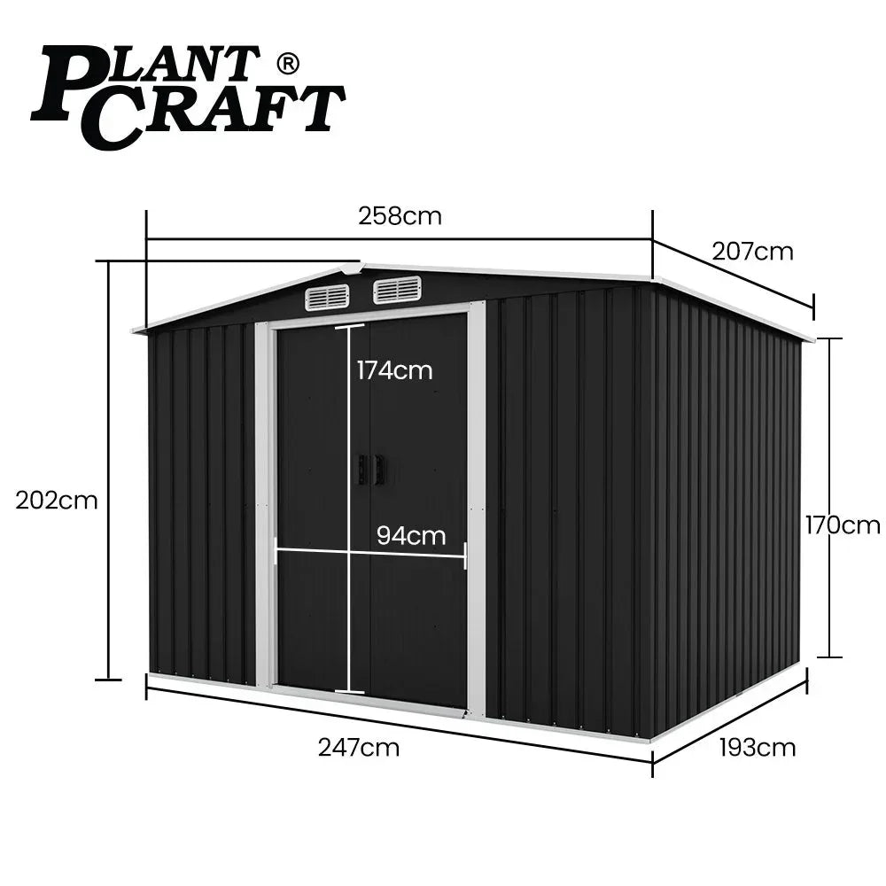 PLANTCRAFT Galvanised Steel Garden Shed 2.58 x 2.07 x 2.02m, with 2 Sliding Doors, 4 Air Vents, Gable Roof, Floor Frame, Black | Home & Garden > Storage > Sheds