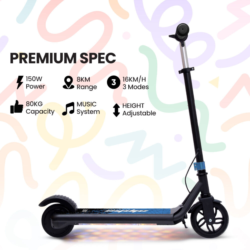 ALPHA Edge Electric Scooter Kids/Teens, 16km/h Max, Adjustable Height, UL Certified, AU Compliant, Dual Brakes, Bluetooth Music, LED, Blue
