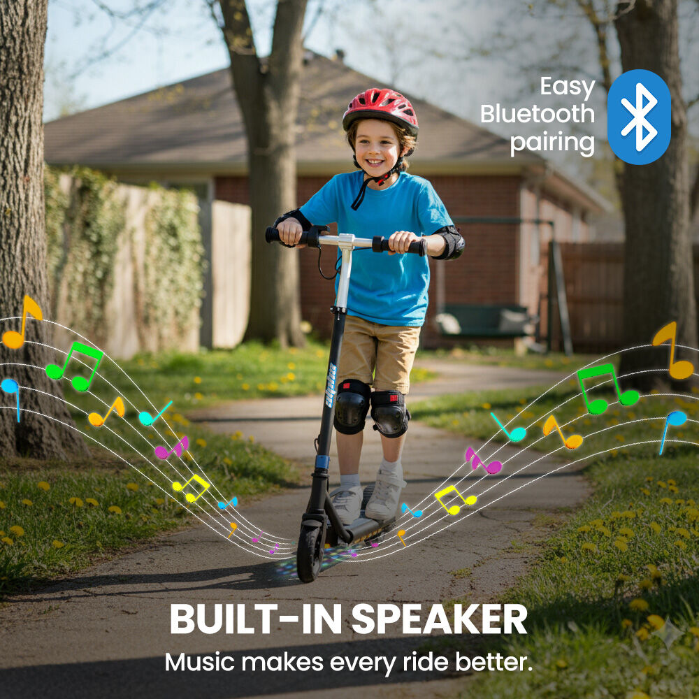 ALPHA Edge Electric Scooter Kids/Teens, 16km/h Max, Adjustable Height, UL Certified, AU Compliant, Dual Brakes, Bluetooth Music, LED, Blue