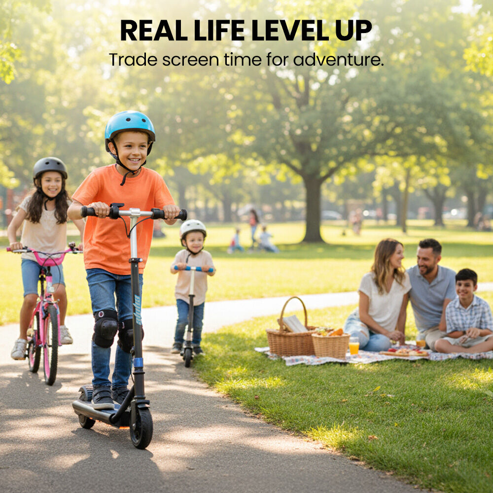 ALPHA Edge Electric Scooter Kids/Teens, 16km/h Max, Adjustable Height, UL Certified, AU Compliant, Dual Brakes, Bluetooth Music, LED, Blue