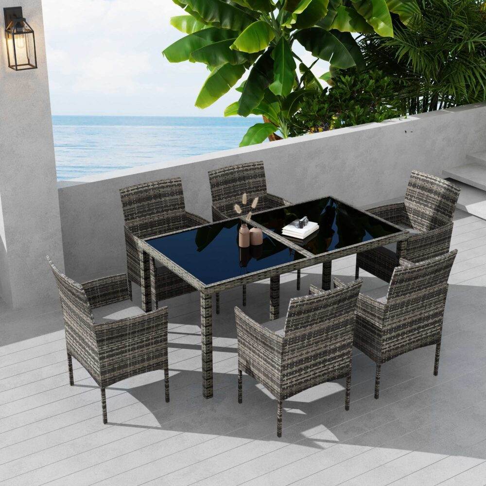 Rural Style Outdoor Grey Wicker 6 Seater Dining Set - Outdoorium