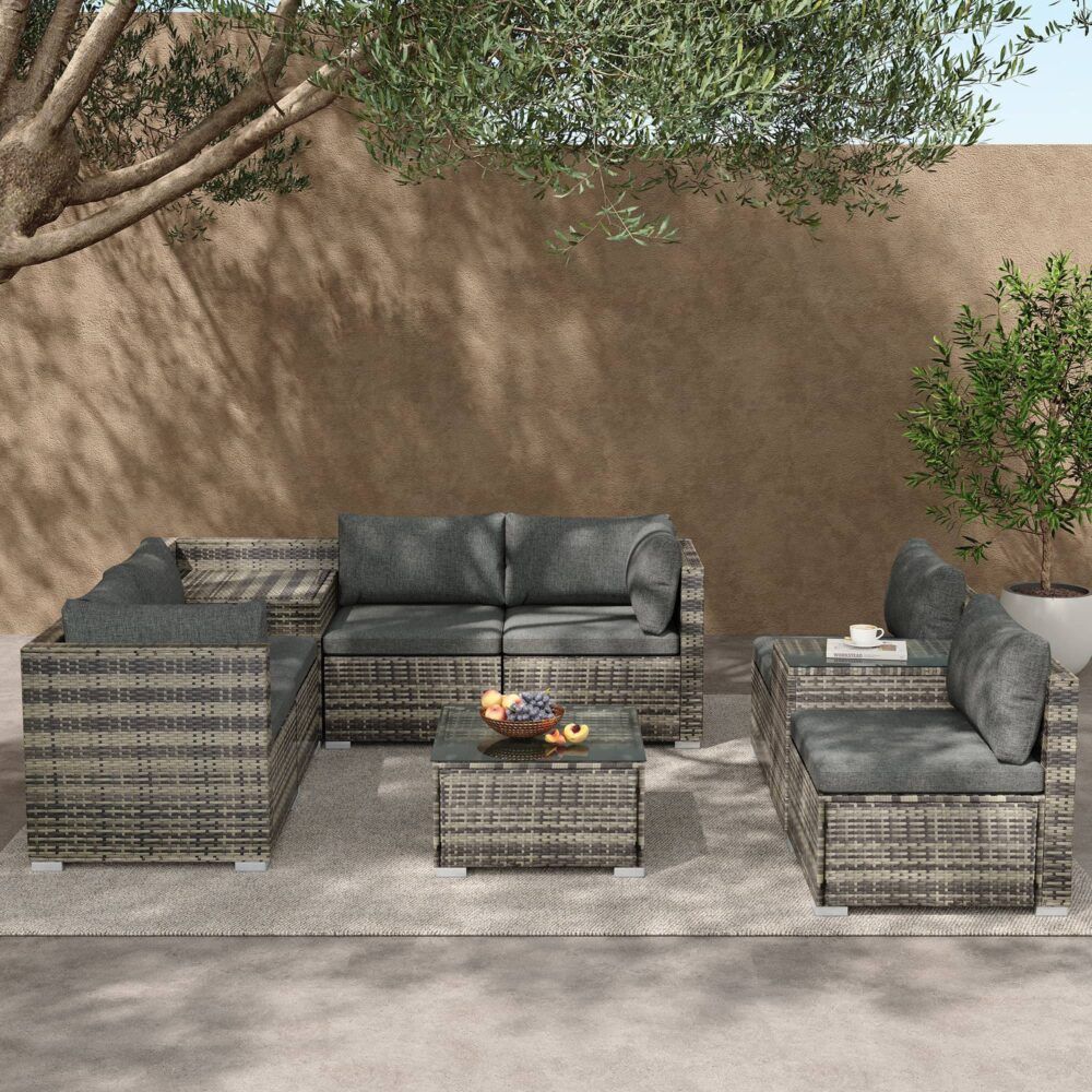 9PCS Outdoor Furniture Modular Lounge Sofa with Wicker End Table
