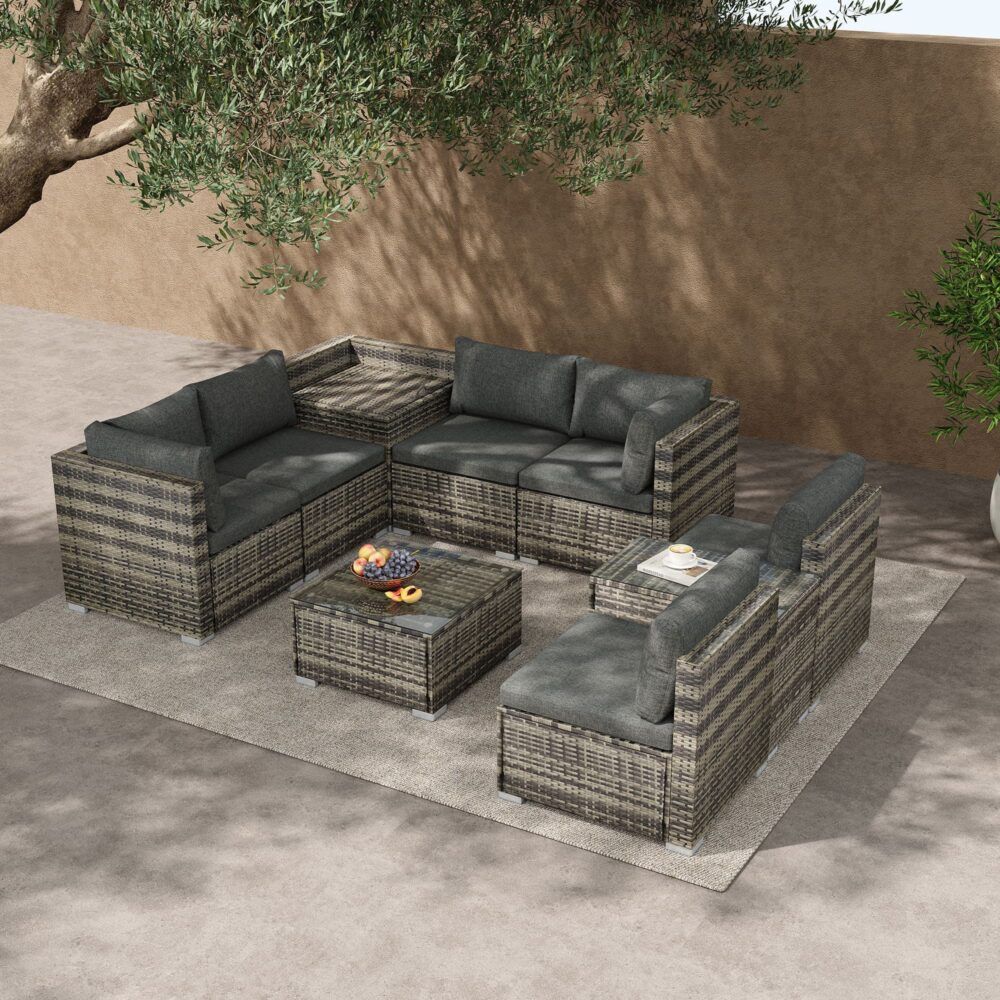 9PCS Outdoor Furniture Modular Lounge Sofa with Wicker End Table