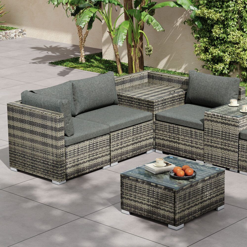 9PCS Outdoor Furniture Modular Lounge Sofa with Wicker End Table