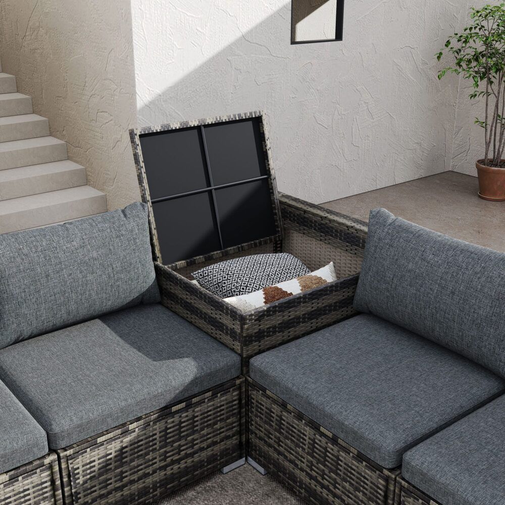 9PCS Outdoor Furniture Modular Lounge Sofa with Wicker End Table