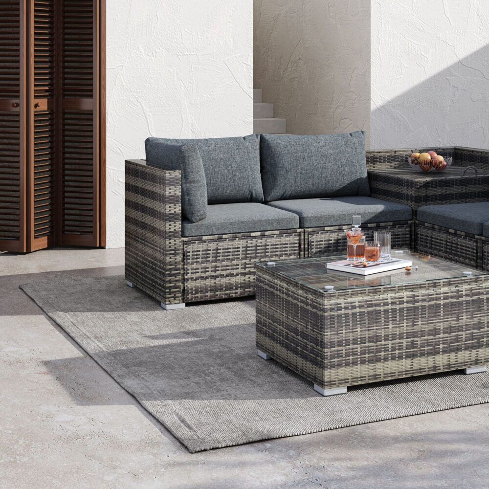 9PCS Outdoor Furniture Modular Lounge Sofa with Wicker End Table