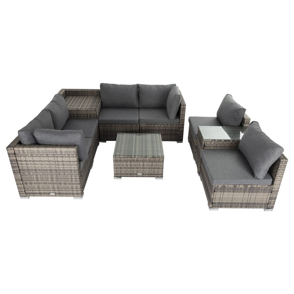 9PCS Outdoor Furniture Modular Lounge Sofa with Wicker End Table