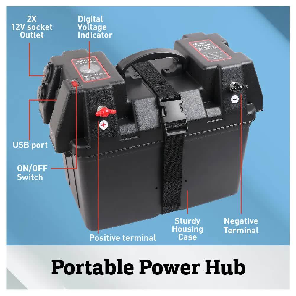 12V 100AH Deep Cycle Battery Box Portable Power Storage Marine Solar USB Camping - Outdoorium