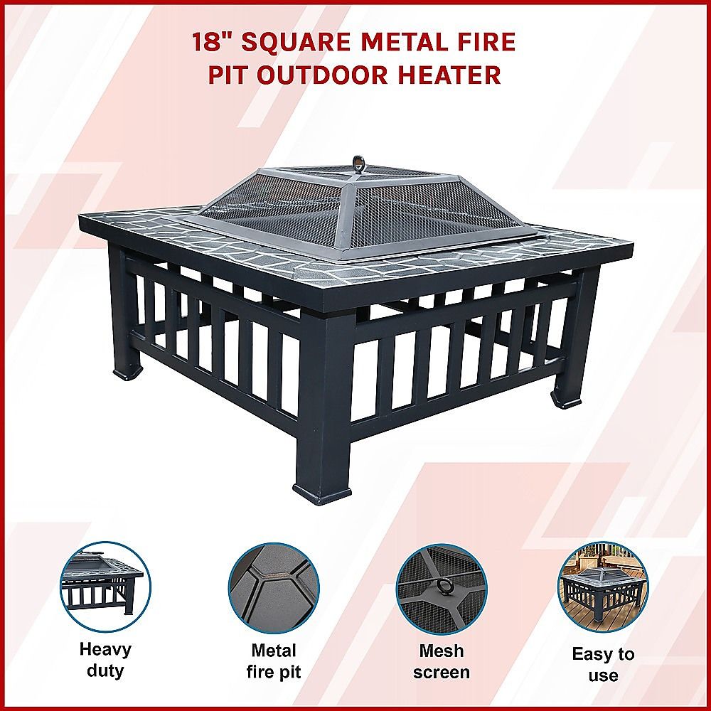 Square Metal Fire Pit Outdoor Heater - 45.7cm
