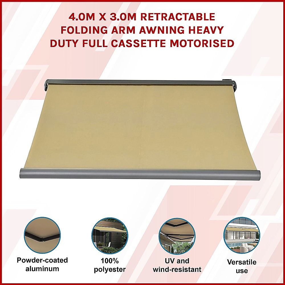 Motorised Retractable Awning – 4x3m Beige Full Cassette Design