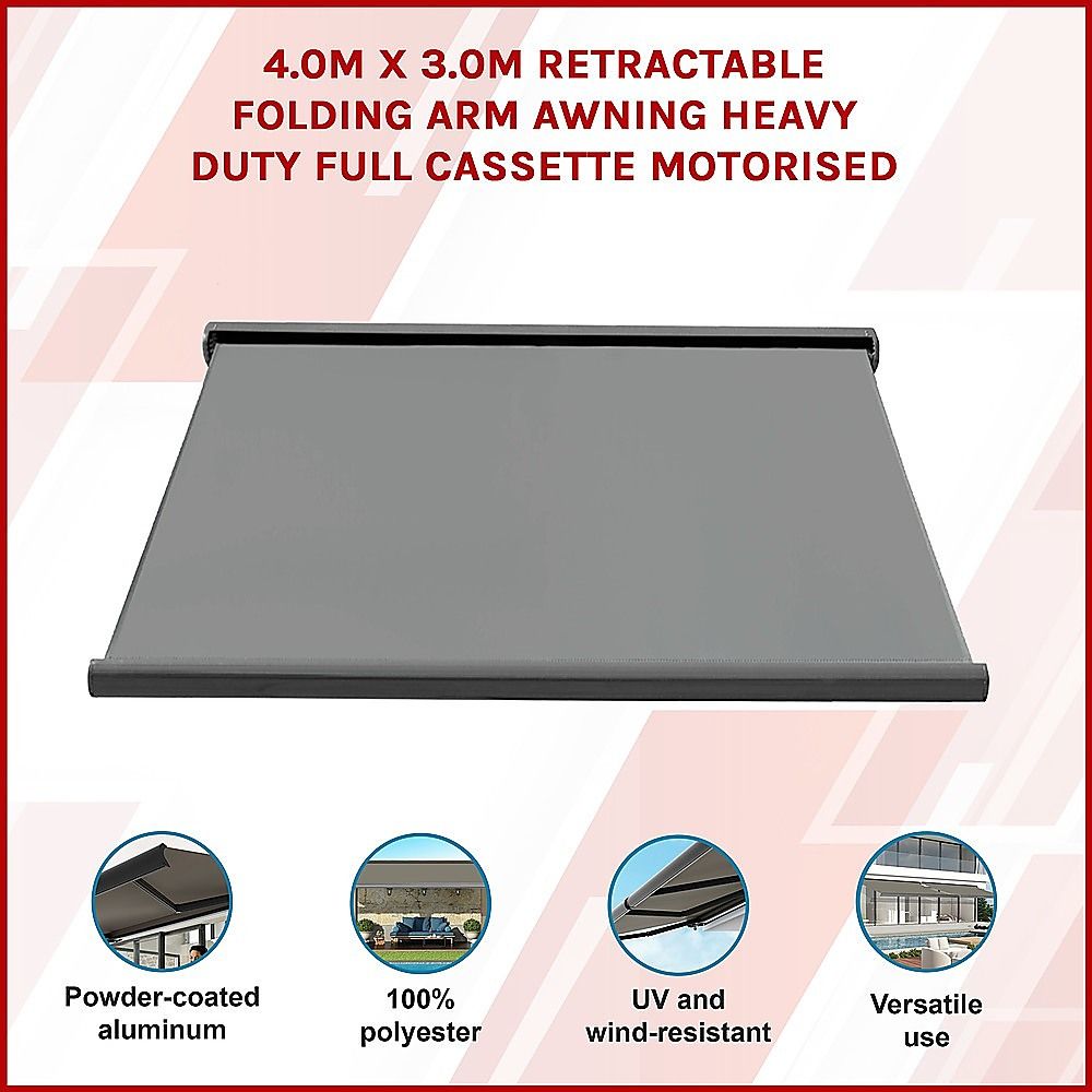 Motorised Retractable Awning – 4x3m Grey Full Cassette Design