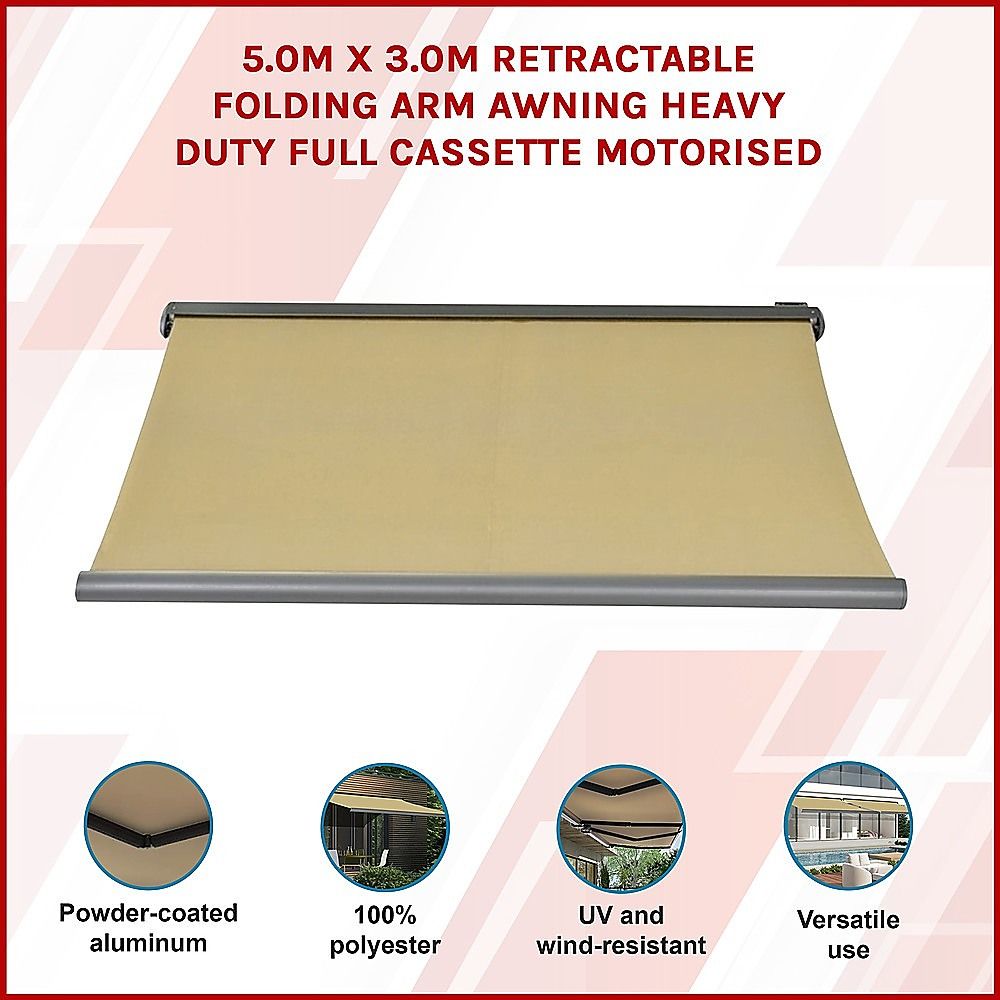 Motorised Retractable Awning – 5.0x3.0m Beige Full Cassette Design