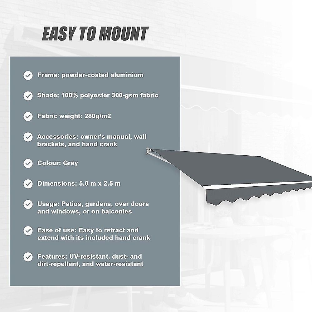 Outdoor Folding Arm Awning Retractable Sunshade Canopy Grey 5.0m x 2.5m – product image 11