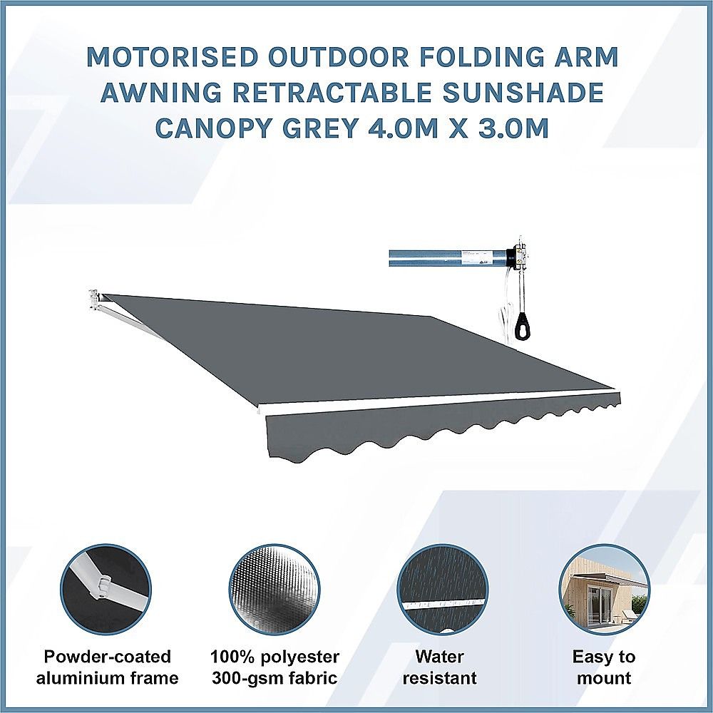 Motorised Outdoor Folding Arm Awning Retractable Sunshade Canopy Grey 4.0m x 3.0m