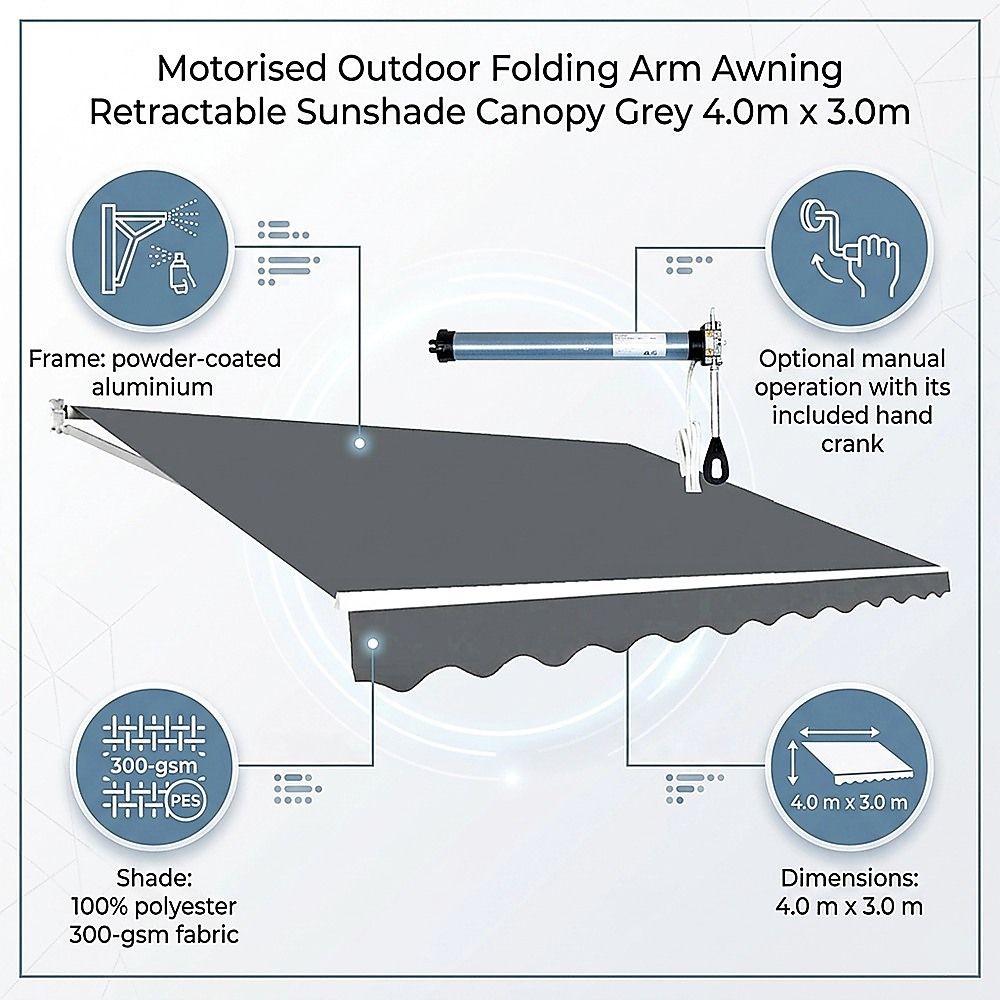 Motorised Outdoor Folding Arm Awning Retractable Sunshade Canopy Grey 4.0m x 3.0m