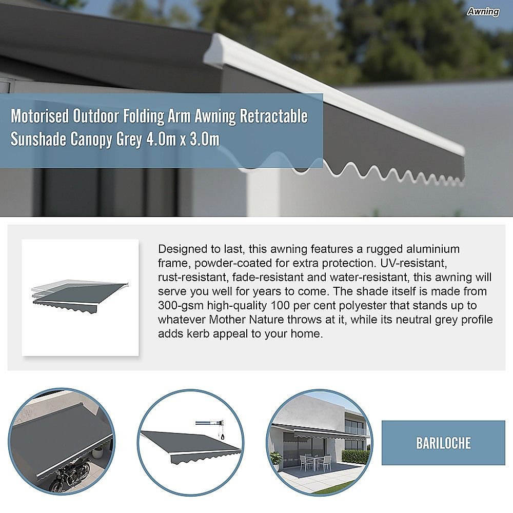 Motorised Outdoor Folding Arm Awning Retractable Sunshade Canopy Grey 4.0m x 3.0m