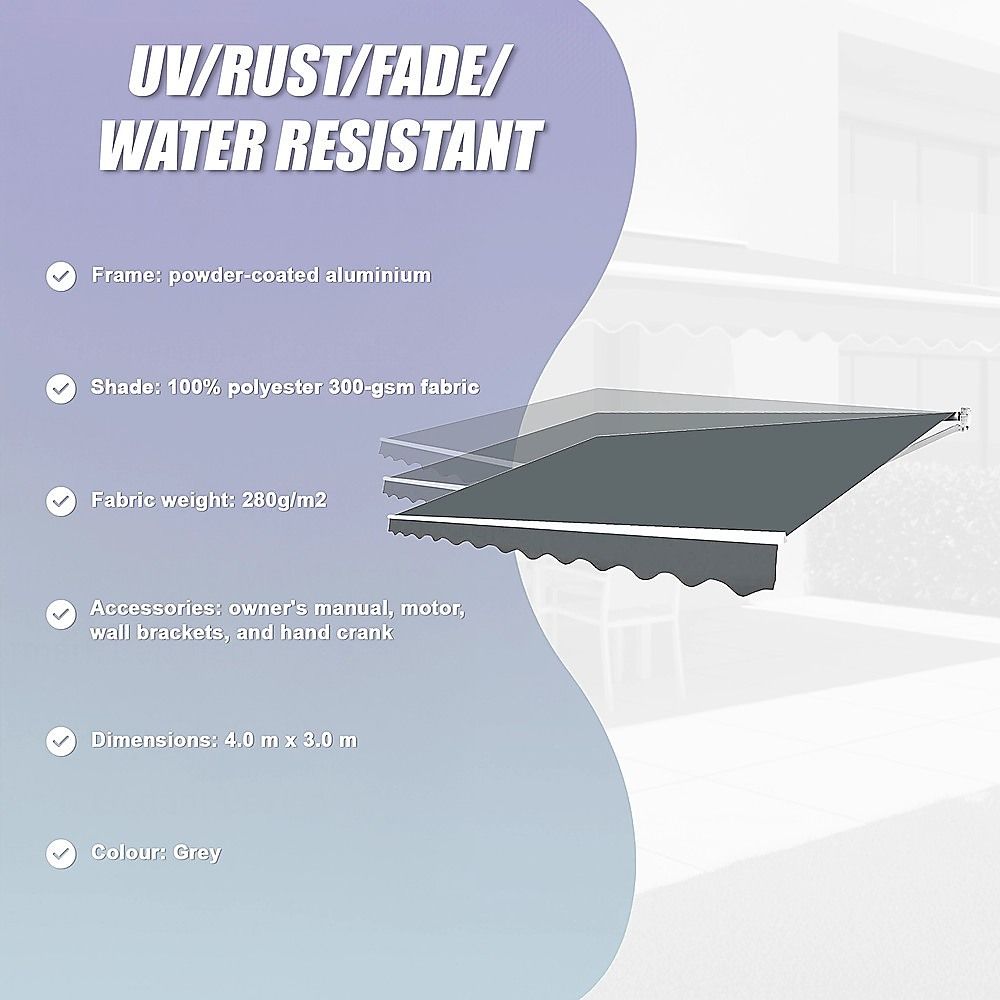 Motorised Outdoor Folding Arm Awning Retractable Sunshade Canopy Grey 4.0m x 3.0m