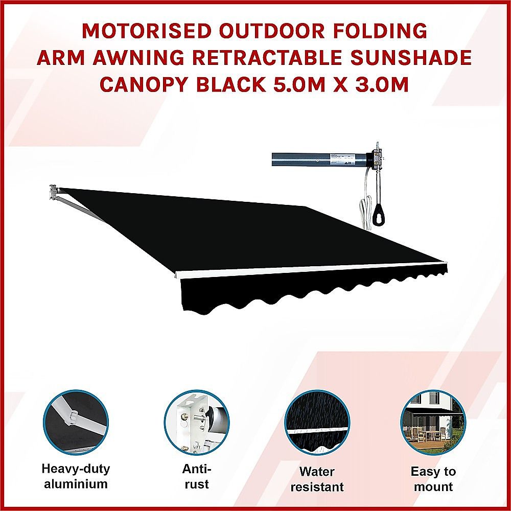 Motorised Retractable Awning – 5.0x3.0m Black Outdoor Shade