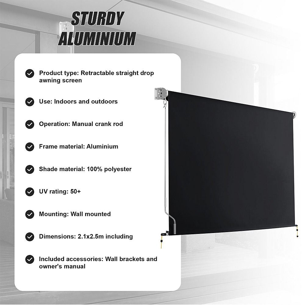 Straight Drop Awning – 2.1x2.5m Black Retractable Patio Screen – product image 4