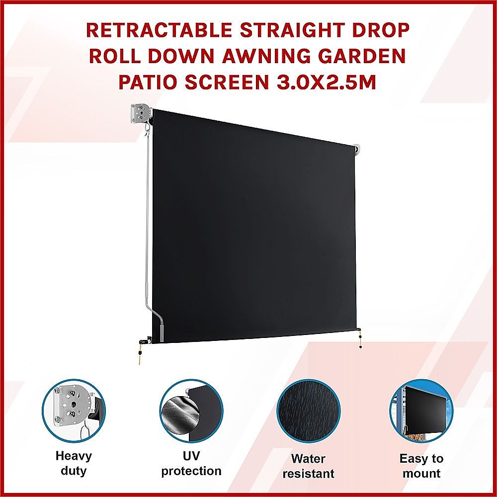Straight Drop Awning – 3x2.5m Black Retractable Patio Screen – product image 4