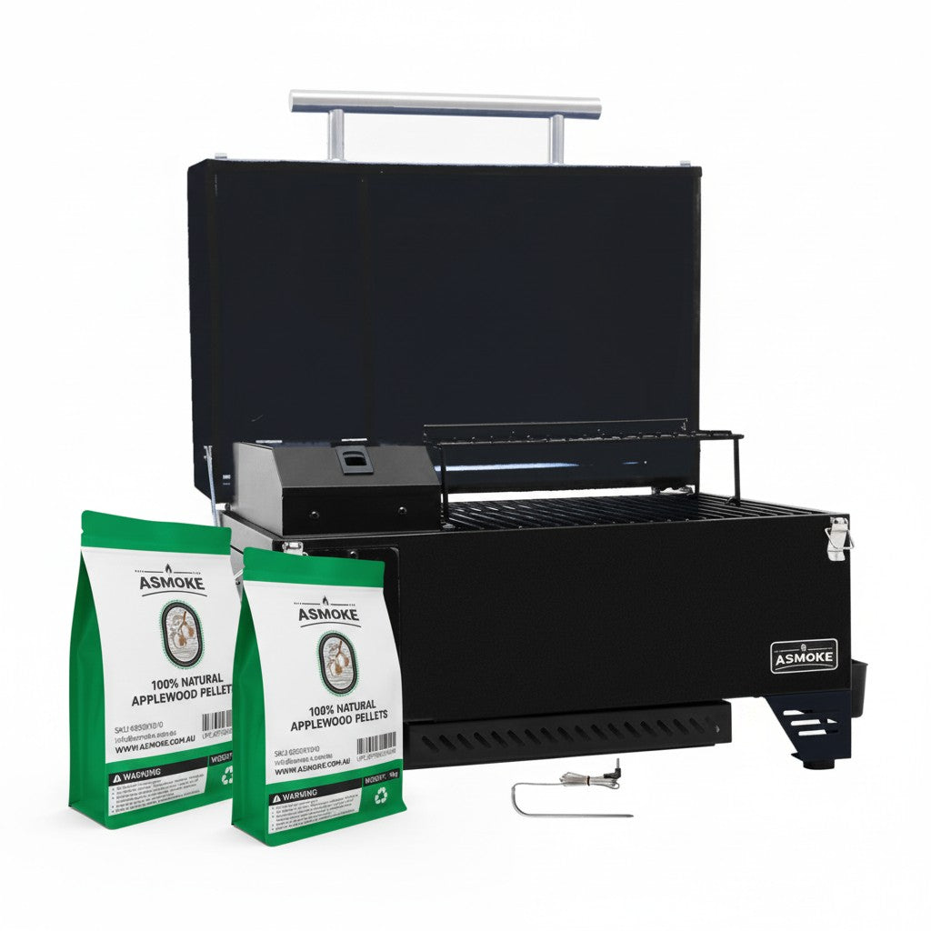 ASMOKE AS350 Portable Smart Wood Pellet Grill (Cyder Black) + 2 x 20LB Assorted Flavors Wood Pellets Bundle (Oak/Cherry/Apple)