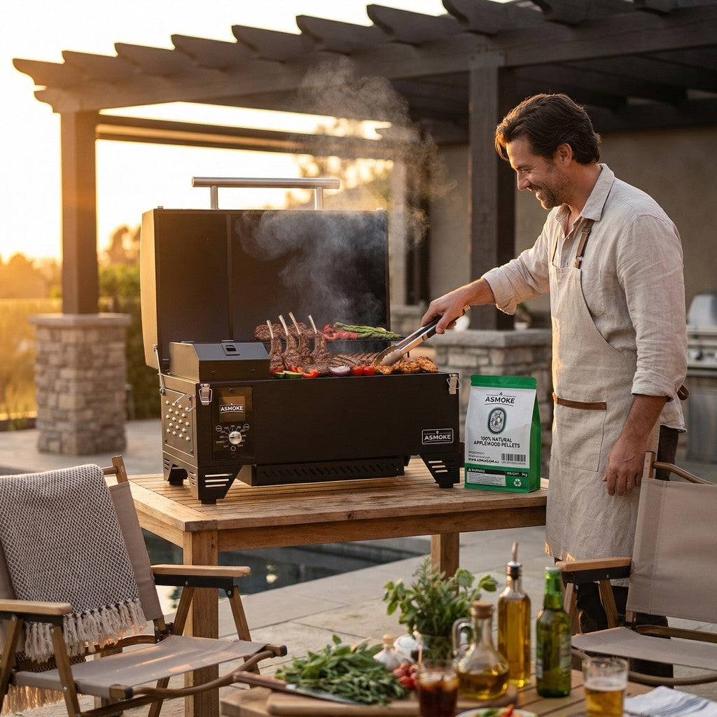 ASMOKE AS350 Portable Smart Wood Pellet Grill (Cyder Black) + 2 x 20LB Assorted Flavors Wood Pellets Bundle (Oak/Cherry/Apple)