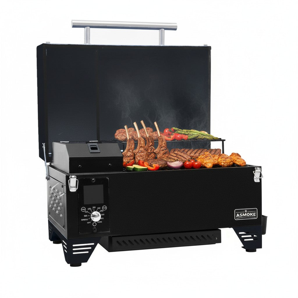 ASMOKE AS350 Portable Smart Wood Pellet Grill (Cyder Black) + 2 x 20LB Assorted Flavors Wood Pellets Bundle (Oak/Cherry/Apple)