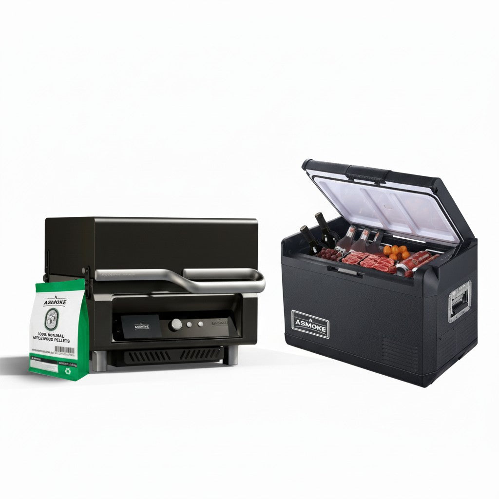 ASMOKE Essential Portable Wood Pellet Grill & 47L Mini Fridge Bundle + 5lb Apple Wood Pellets