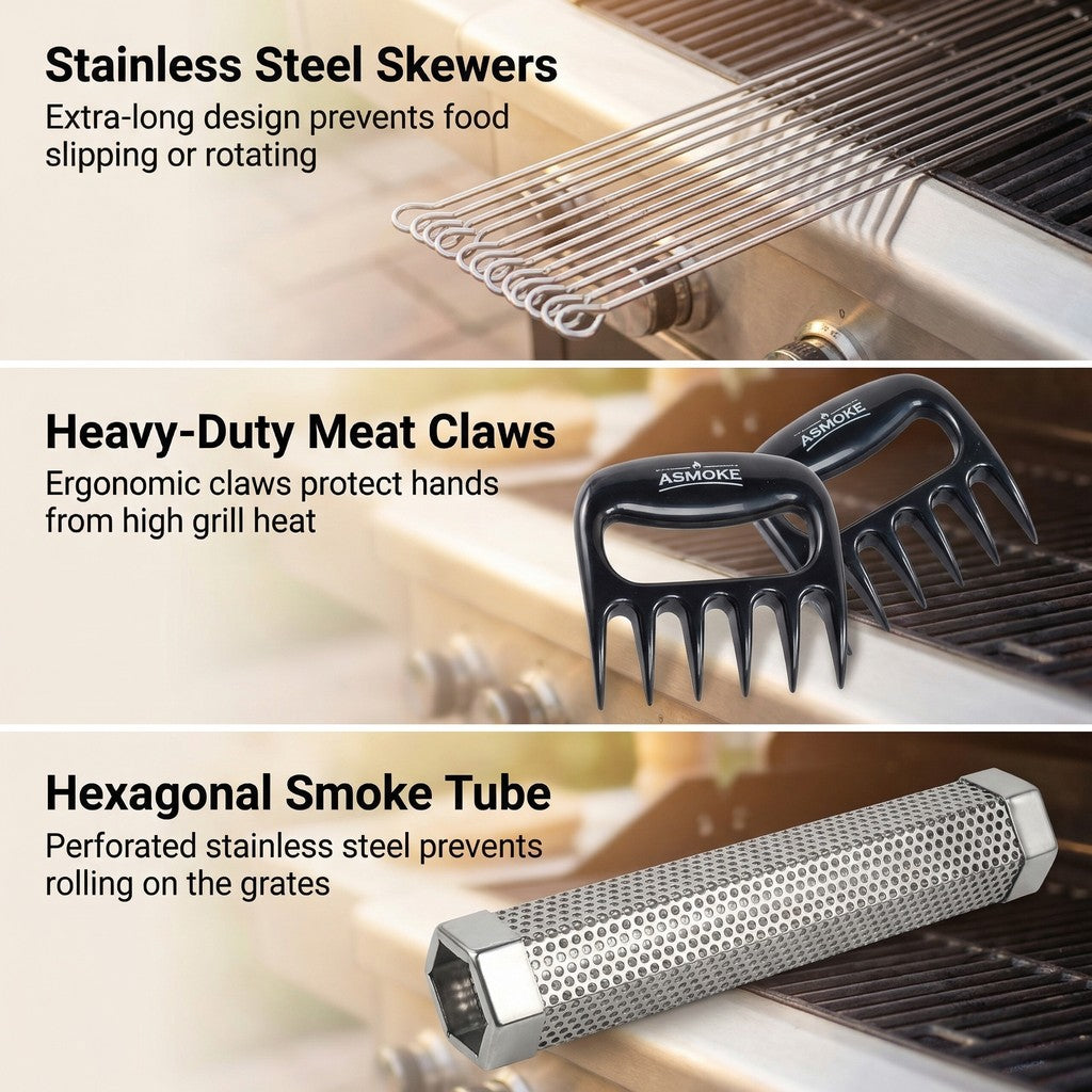 ASMOKE Essential Smart Portable Wood Pellet Grill & Pitmaster Accessory Bundle - Includes 10x Skewers, Heavy-Duty Meat Claws, Smoke Tube & 20lb Applewood Pellets