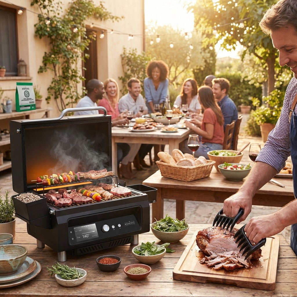 ASMOKE Essential Smart Portable Wood Pellet Grill & Pitmaster Accessory Bundle - Includes 10x Skewers, Heavy-Duty Meat Claws, Smoke Tube & 20lb Applewood Pellets