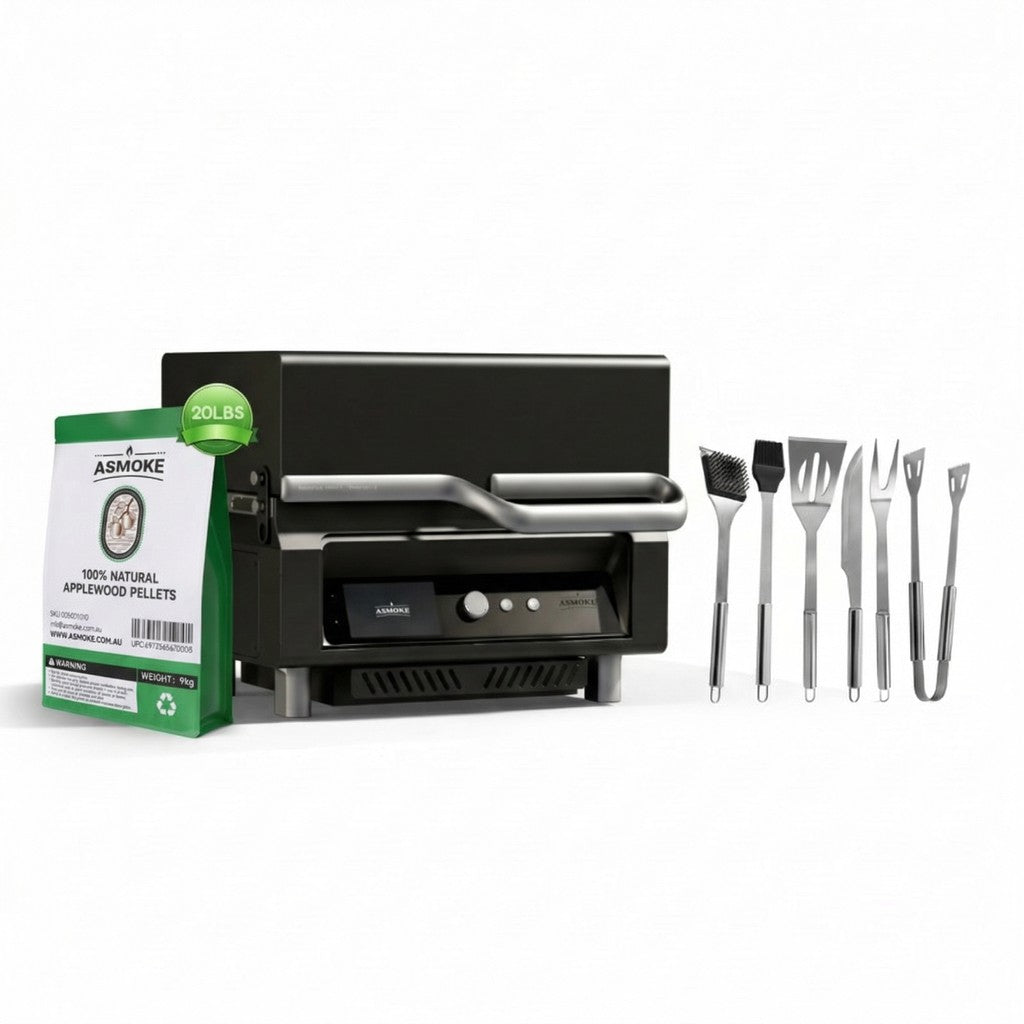 ASMOKE Essential Portable Smart Wood Pellet Grill Smoker & 6pc BBQ Tool Set + 20lb Applewood Pellets Bundle