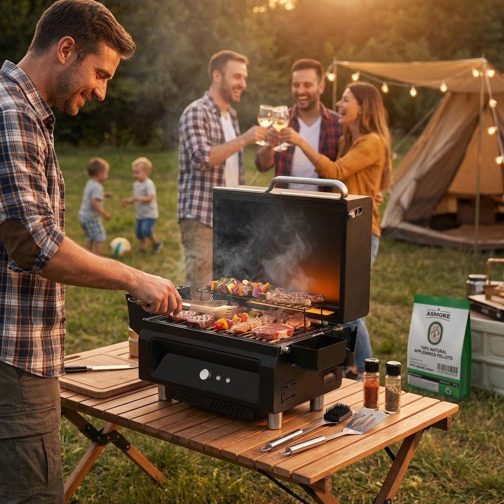ASMOKE Essential Portable Smart Wood Pellet Grill Smoker & 6pc BBQ Tool Set + 20lb Applewood Pellets Bundle