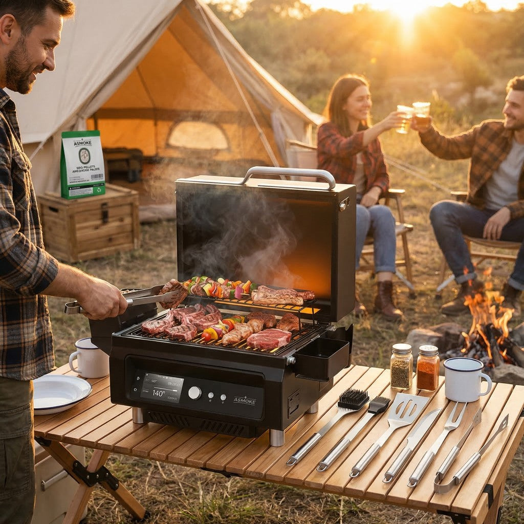 ASMOKE Essential Portable Smart Wood Pellet Grill Smoker & 6pc BBQ Tool Set + 20lb Applewood Pellets Bundle