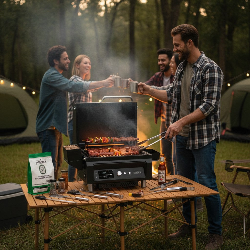 ASMOKE Essential Portable Smart Wood Pellet Grill Smoker & 6pc BBQ Tool Set + 5lb Applewood Pellets Bundle