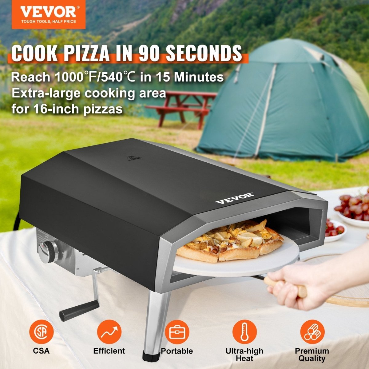 VEVOR 16" Gas Pizza Oven with Rotating Pizza Stone – Portable Stainless Steel Outdoor Pizza Oven