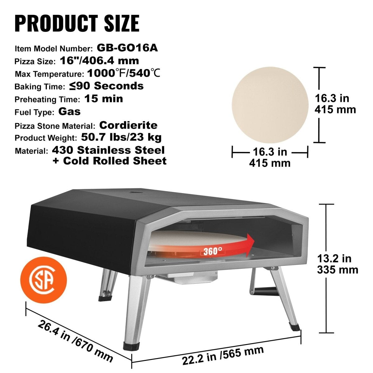 VEVOR 16" Gas Pizza Oven with Rotating Pizza Stone – Portable Stainless Steel Outdoor Pizza Oven