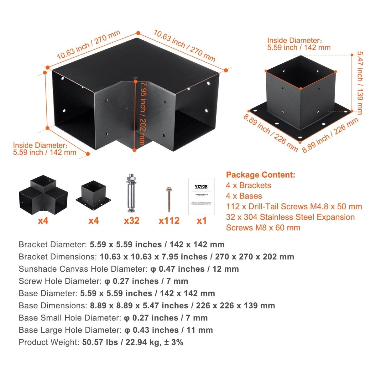 Pergola Bracket Kit 152.4 x 152.4 mm, 8pcs 3-Way Heavy Duty Corner Bracket Woodworks DIY Post Base, Easy Installation Wooden Beams for Gazebos, Patio Pergolas, Log Cabin Outdoor Pergola Hardware