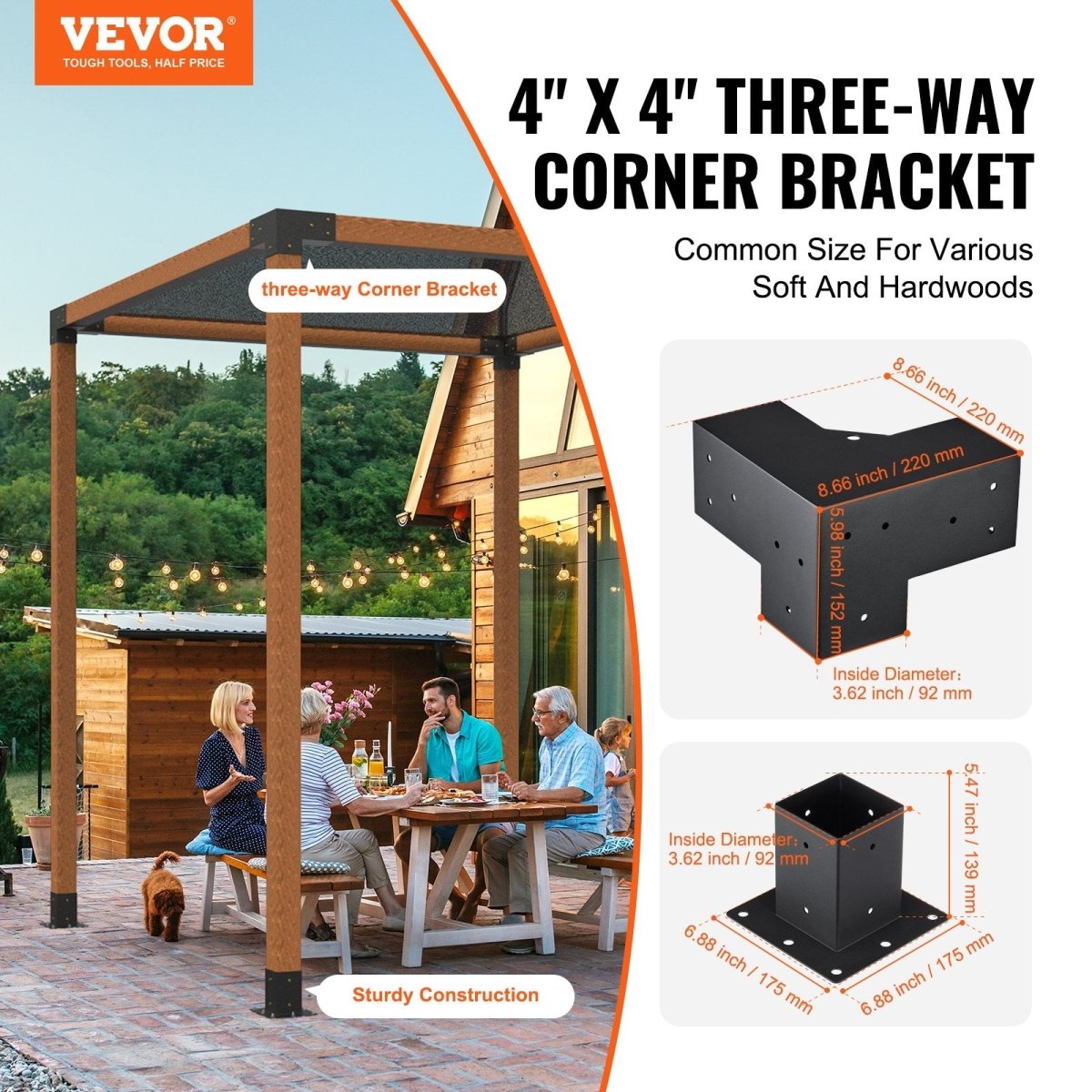 Pergola Bracket Kit 4''x4''(inner 3.6''x3.6''), 8pcs (4pcs 3-Way,4pcs Base) Heavy Duty Corner Bracket Woodworks DIY Post Base Kit, Easy Installation Wooden Beams for Gazebos, Patio Pergolas, Log Cabin Outdoor