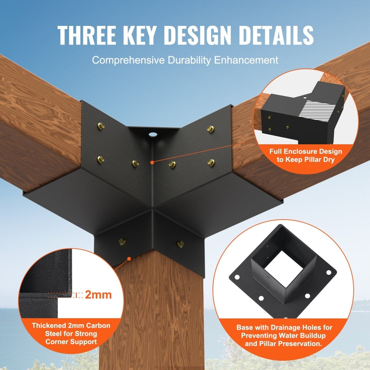 Pergola Bracket Kit 4''x4''(inner 3.6''x3.6''), 8pcs (4pcs 3-Way,4pcs Base) Heavy Duty Corner Bracket Woodworks DIY Post Base Kit, Easy Installation Wooden Beams for Gazebos, Patio Pergolas, Log Cabin Outdoor