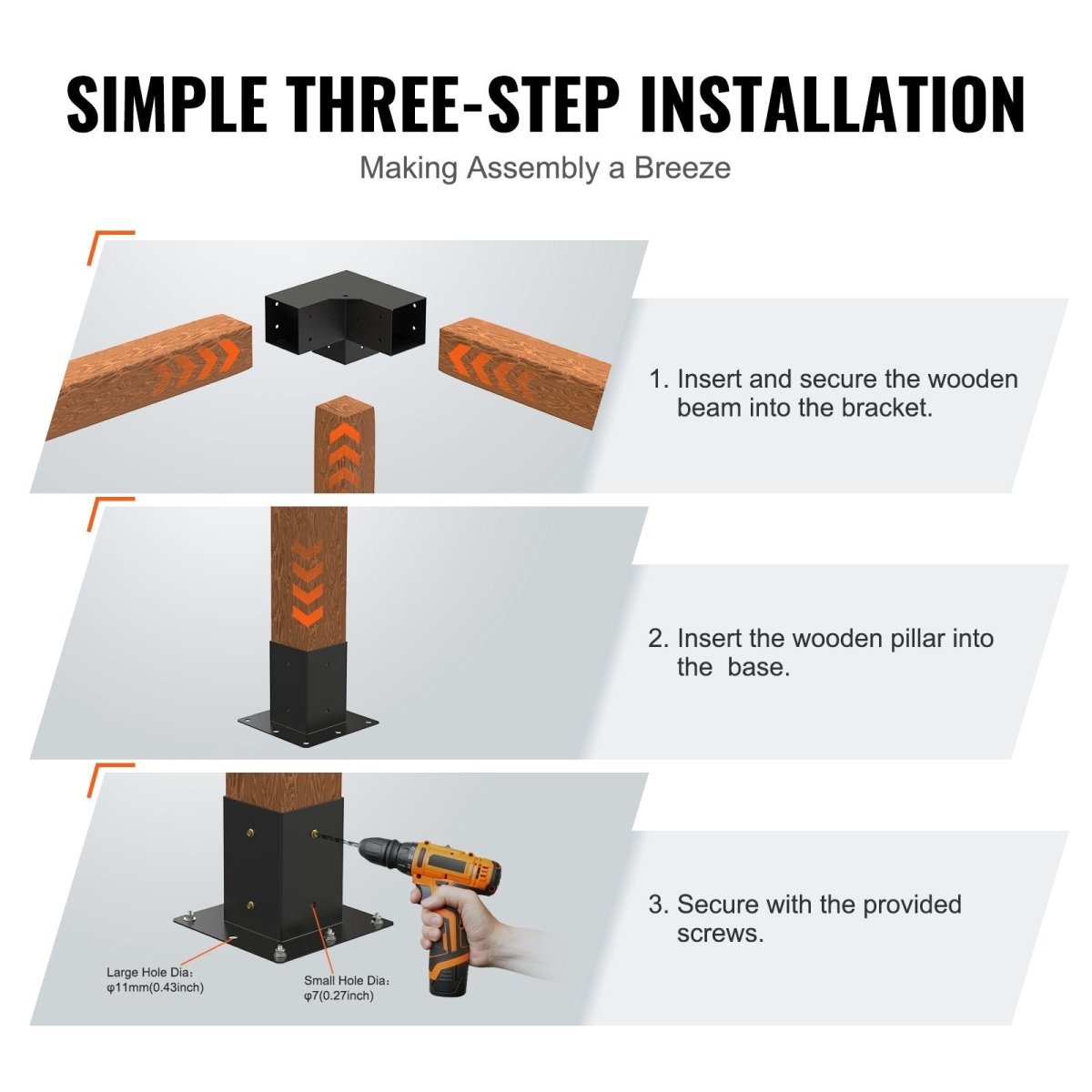 Pergola Bracket Kit 4''x4''(inner 3.6''x3.6''), 8pcs (4pcs 3-Way,4pcs Base) Heavy Duty Corner Bracket Woodworks DIY Post Base Kit, Easy Installation Wooden Beams for Gazebos, Patio Pergolas, Log Cabin Outdoor