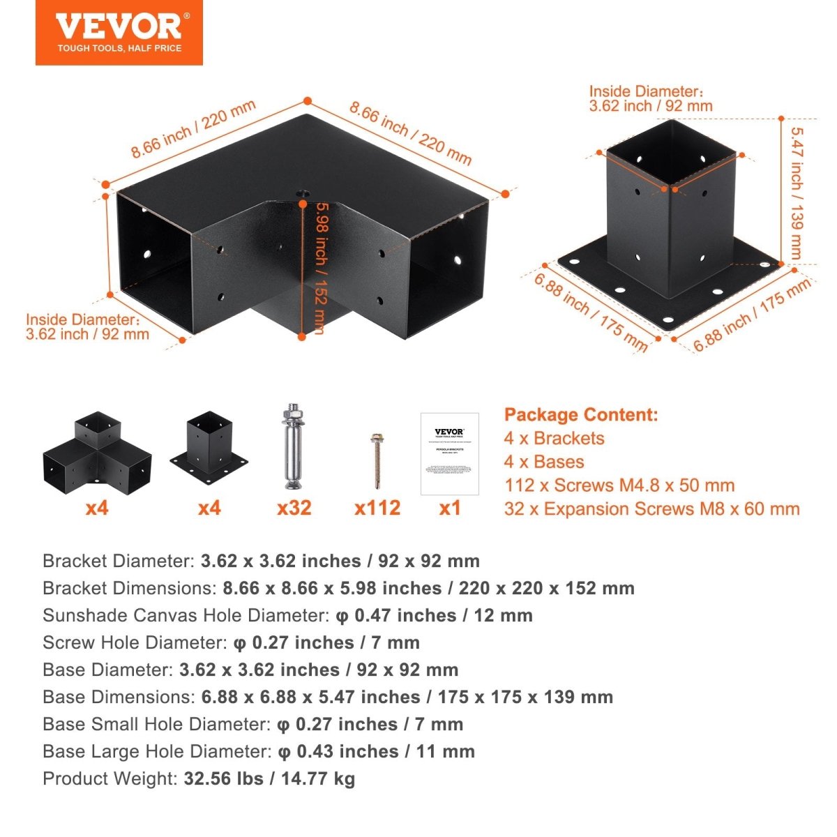 Pergola Bracket Kit 4''x4''(inner 3.6''x3.6''), 8pcs (4pcs 3-Way,4pcs Base) Heavy Duty Corner Bracket Woodworks DIY Post Base Kit, Easy Installation Wooden Beams for Gazebos, Patio Pergolas, Log Cabin Outdoor